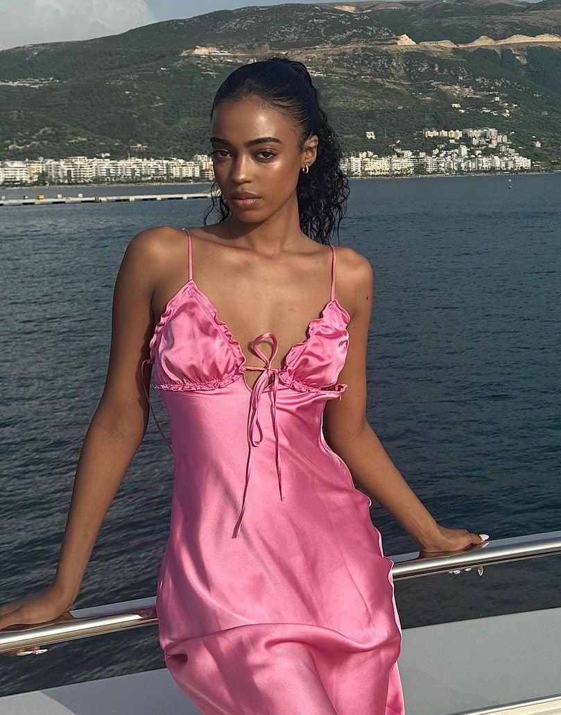 Zara - Ruffle Satin Midi in Pink Pretty Little Hires Zara - Ruffle Satin Midi in Pink Pretty Little Hires