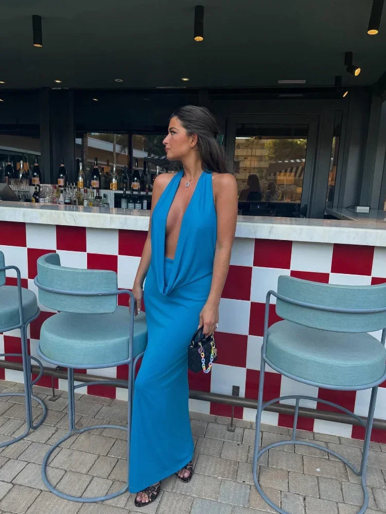 Zara - Long Draped Halter Maxi in Electric Blue Pretty Little Hires Zara - Long Draped Halter Maxi in Electric Blue Pretty Little Hires