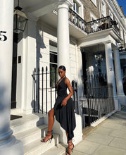 Load image into Gallery viewer, Mistress Rocks - Black Plunge Asymmetric Dress
